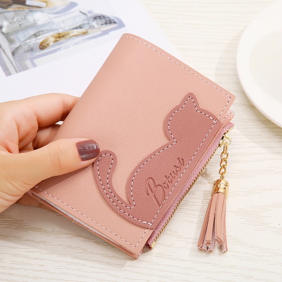 Vegan Leather Two Tone Pink Cat Wallet with Tassel - Picture 2 of 14